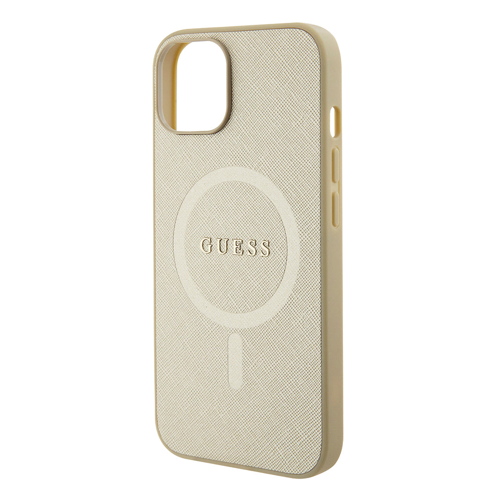 Husa MagSafe pentru Apple iPhone 15 Plus, Guess, Saffiano, Aurie