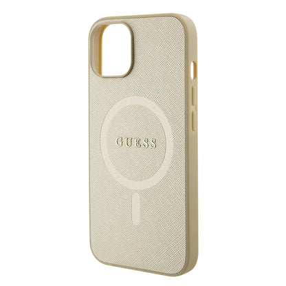Husa MagSafe pentru Apple iPhone 15 Plus, Guess, Saffiano, Aurie