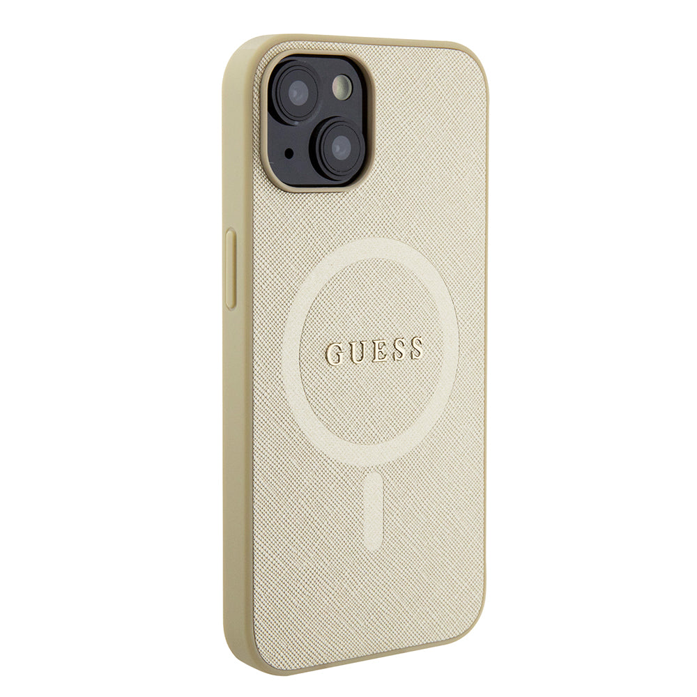Husa MagSafe pentru Apple iPhone 15 Plus, Guess, Saffiano, Aurie