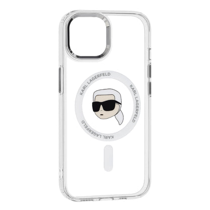 Husa MagSafe pentru Apple iPhone 15 Plus, Karl Lagerfeld, IML Metal Karl's Head, Alba