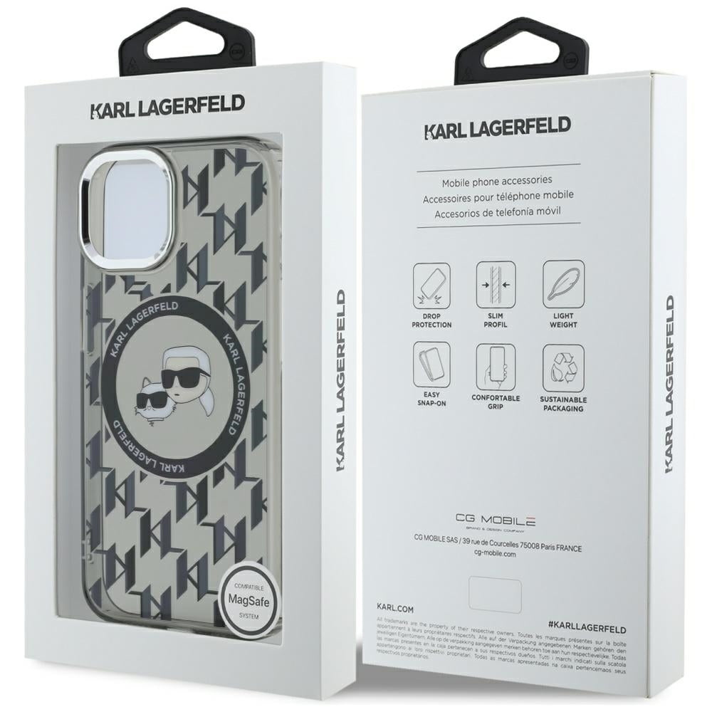 Husa MagSafe pentru Apple iPhone 15 Plus, Karl Lagerfeld, IML Monogram Karl & Choupette's Heads, Neagra