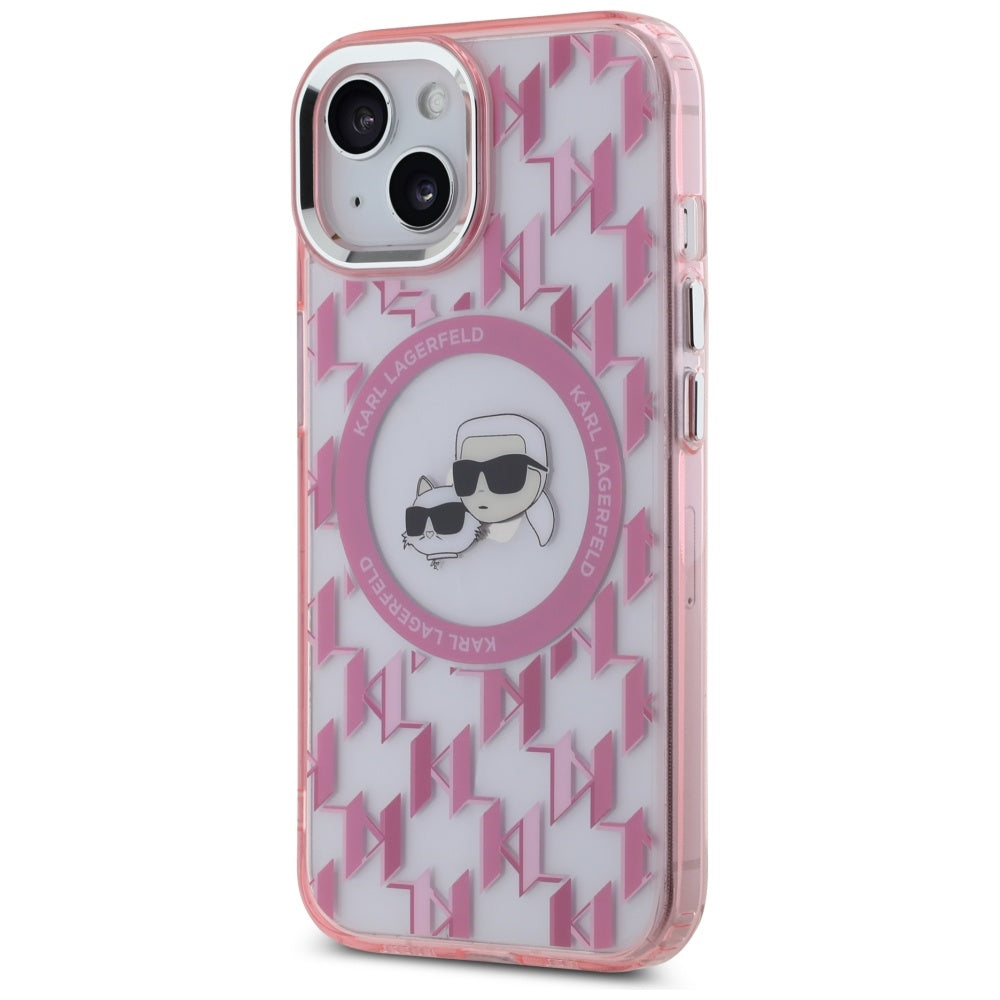 Husa MagSafe pentru Apple iPhone 15 Plus, Karl Lagerfeld, IML Monogram Karl & Choupette's Heads, Roz