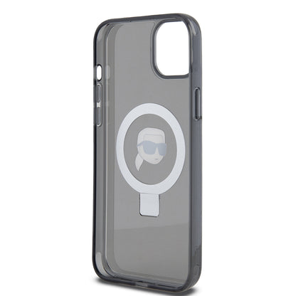 Husa MagSafe pentru Apple iPhone 15 Plus, Karl Lagerfeld, Ring Stand Karl's Head, Neagra