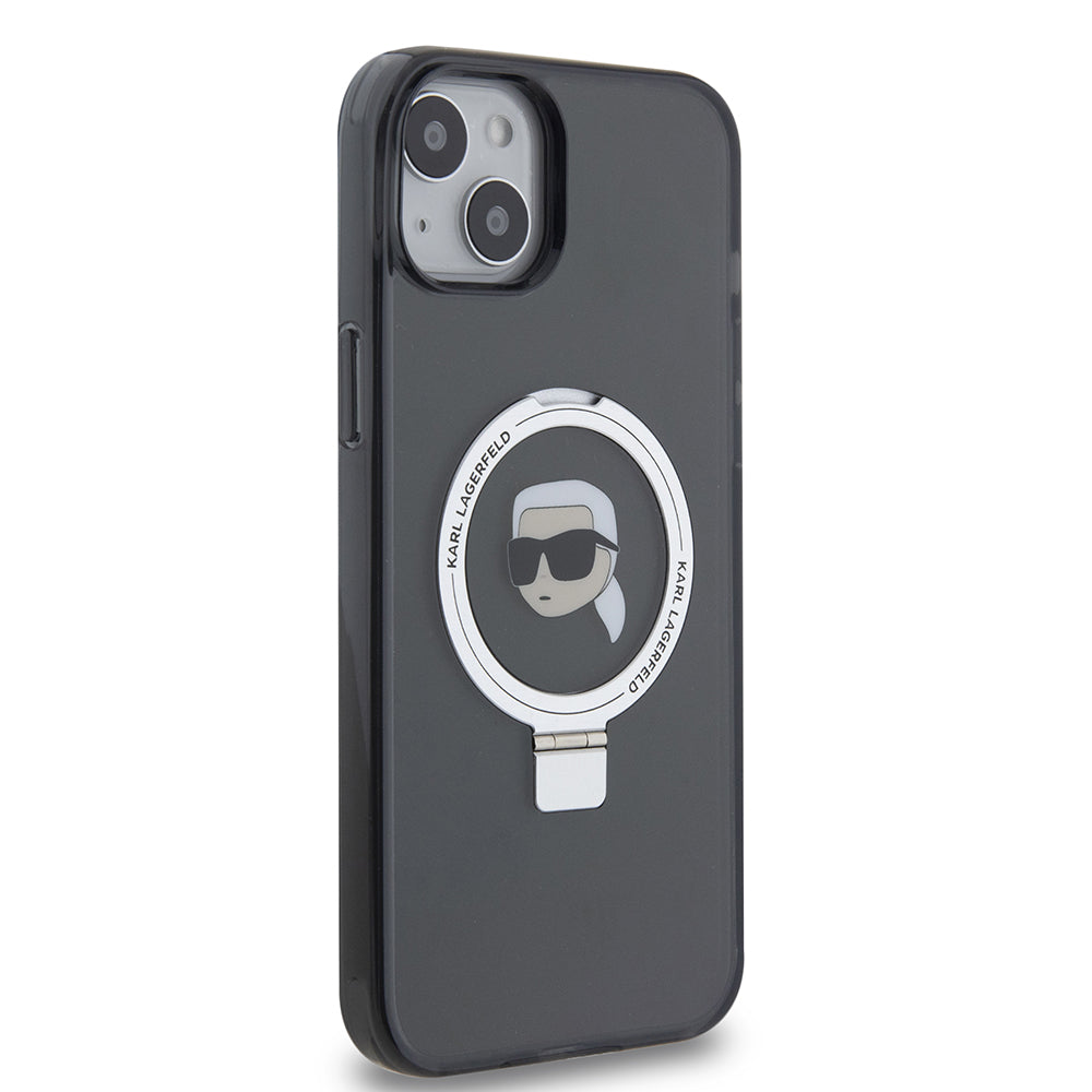 Husa MagSafe pentru Apple iPhone 15 Plus, Karl Lagerfeld, Ring Stand Karl's Head, Neagra