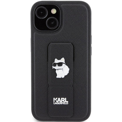 Husa MagSafe pentru Apple iPhone 15 Plus, Karl Lagerfeld, Saffiano Gripstand Choupette, Neagra
