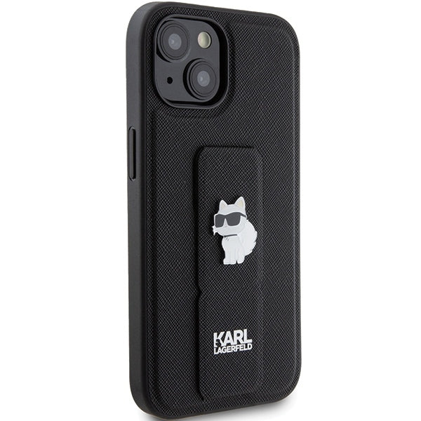 Husa MagSafe pentru Apple iPhone 15 Plus, Karl Lagerfeld, Saffiano Gripstand Choupette, Neagra