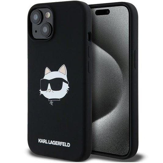 Husa MagSafe pentru Apple iPhone 15 Plus, Karl Lagerfeld, Silicone Choupette's Head, Neagra