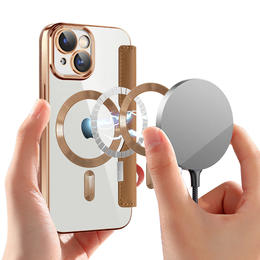 Husa MagSafe pentru Apple iPhone 15 Plus, Techsuit, SmartMag Book, Maro