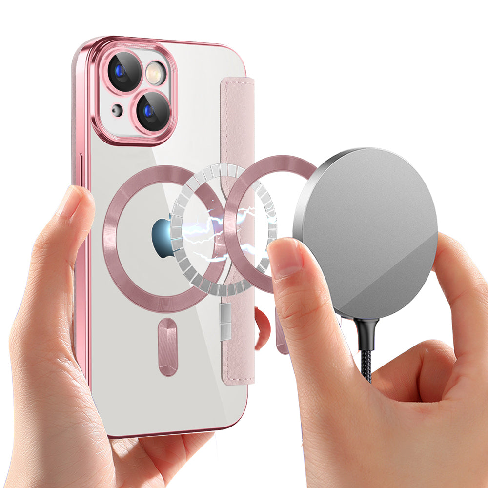 Husa MagSafe pentru Apple iPhone 15 Plus, Techsuit, SmartMag Book, Roz