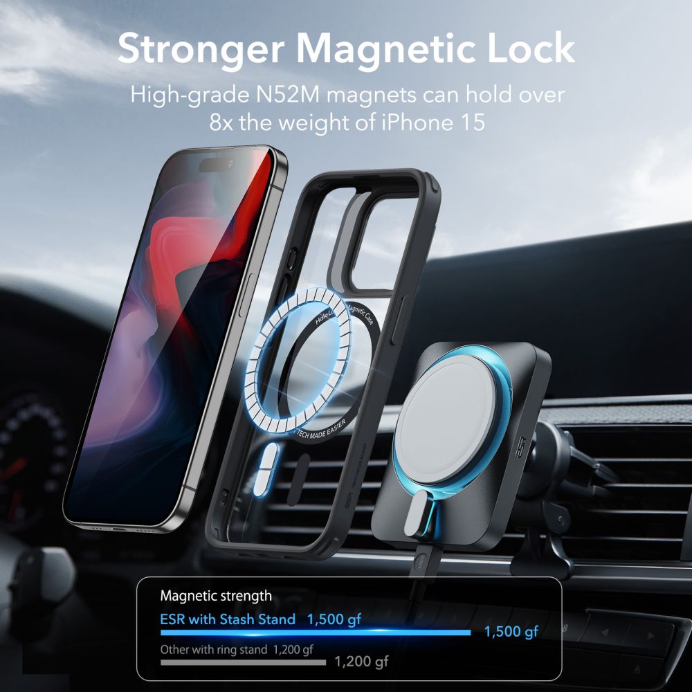 Husa MagSafe pentru Apple iPhone 15 Pro, ESR, Classic Hybrid Kickstand, Neagra Transparenta