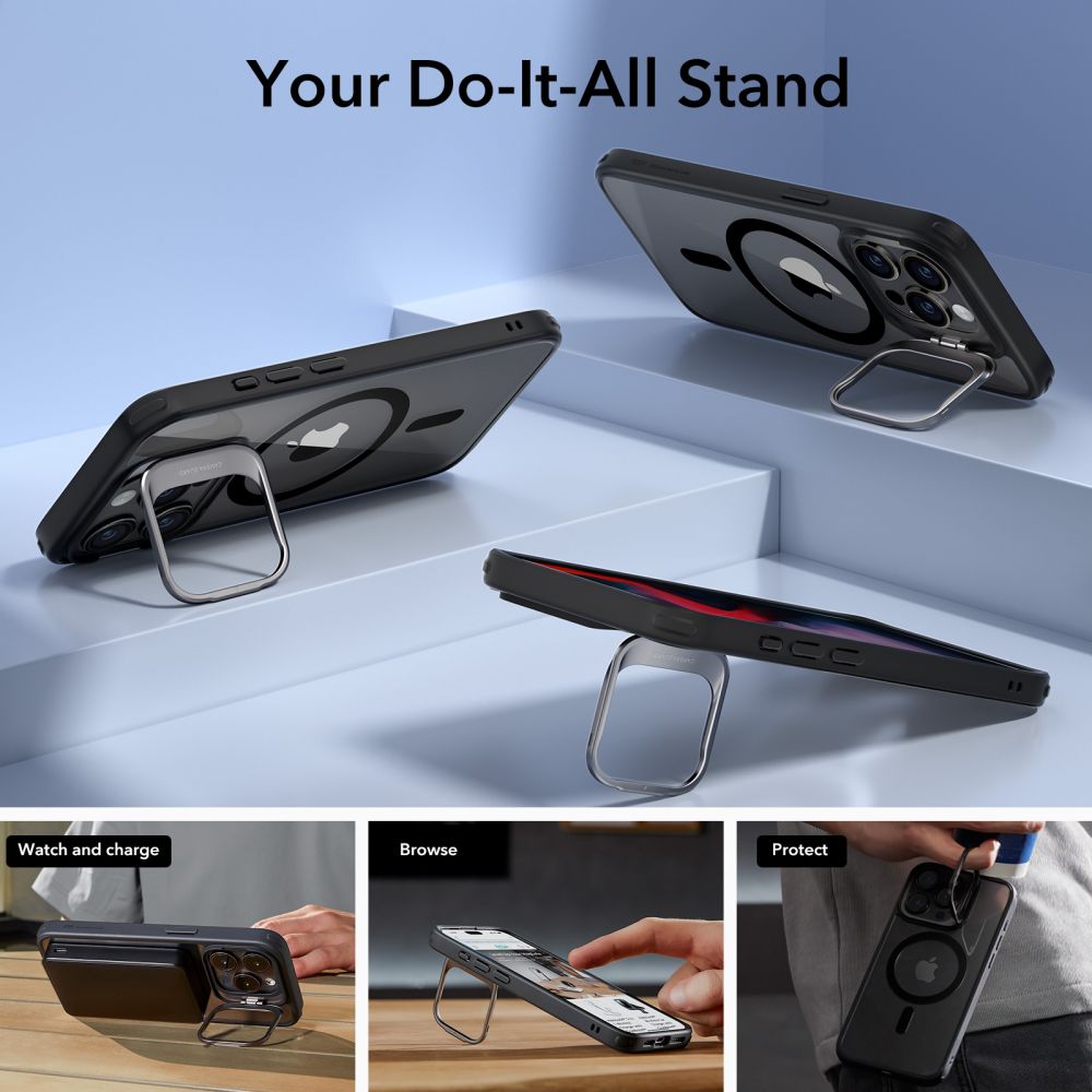 Husa MagSafe pentru Apple iPhone 15 Pro, ESR, Classic Hybrid Kickstand, Neagra Transparenta