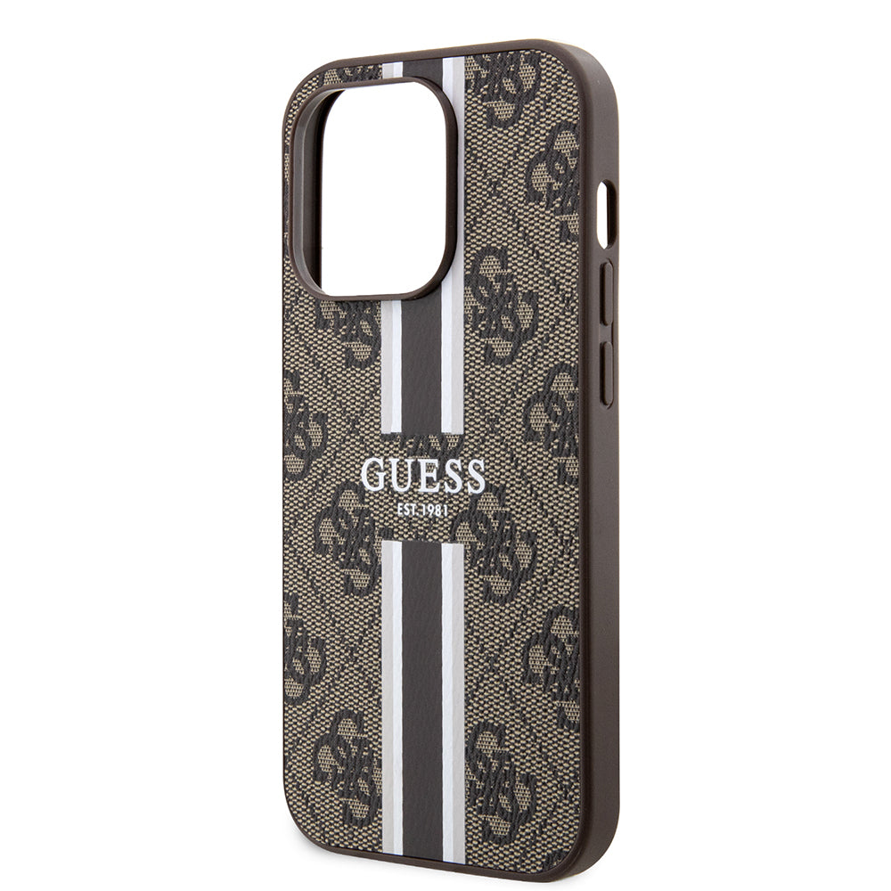 Husa MagSafe pentru Apple iPhone 15 Pro, Guess, 4G Printed Stripes, Maro