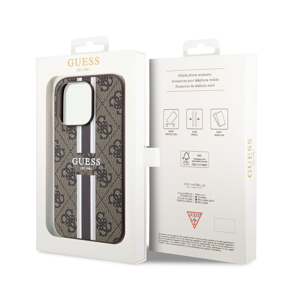 Husa MagSafe pentru Apple iPhone 15 Pro, Guess, 4G Printed Stripes, Maro