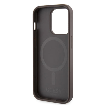 Husa MagSafe pentru Apple iPhone 15 Pro, Guess, 4G Printed Stripes, Maro