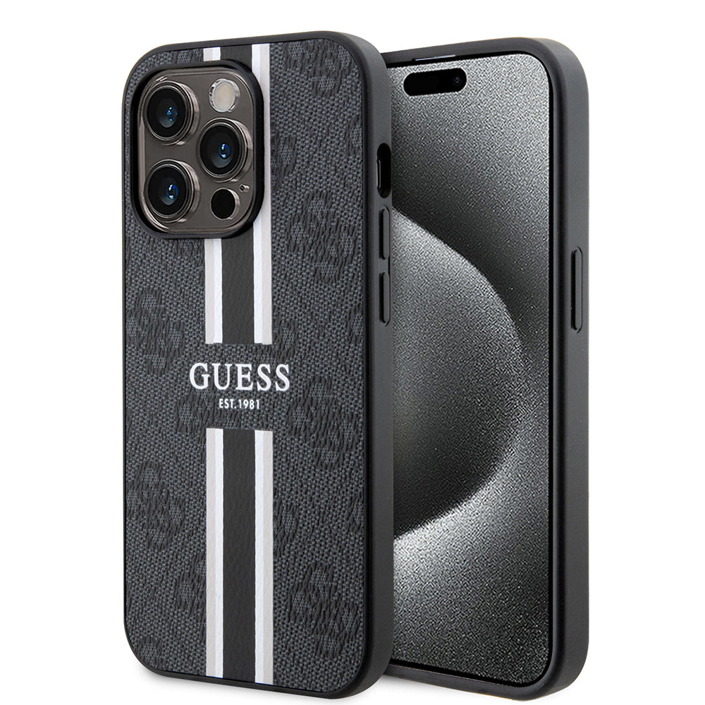 Husa MagSafe pentru Apple iPhone 15 Pro, Guess, 4G Printed Stripes, Neagra