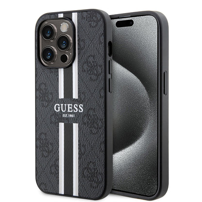 Husa MagSafe pentru Apple iPhone 15 Pro, Guess, 4G Printed Stripes, Neagra
