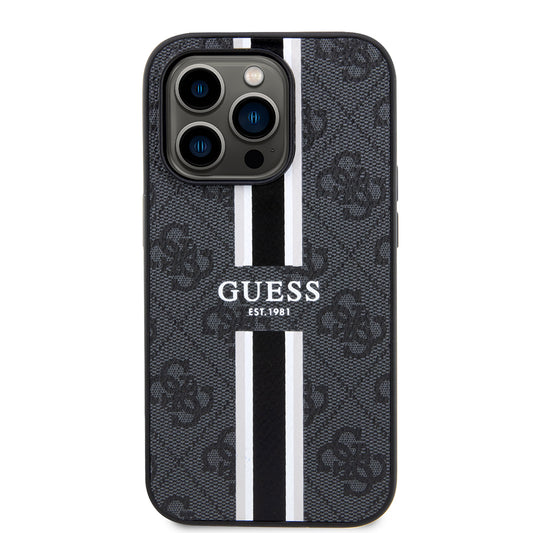 Husa MagSafe pentru Apple iPhone 15 Pro, Guess, 4G Printed Stripes, Neagra