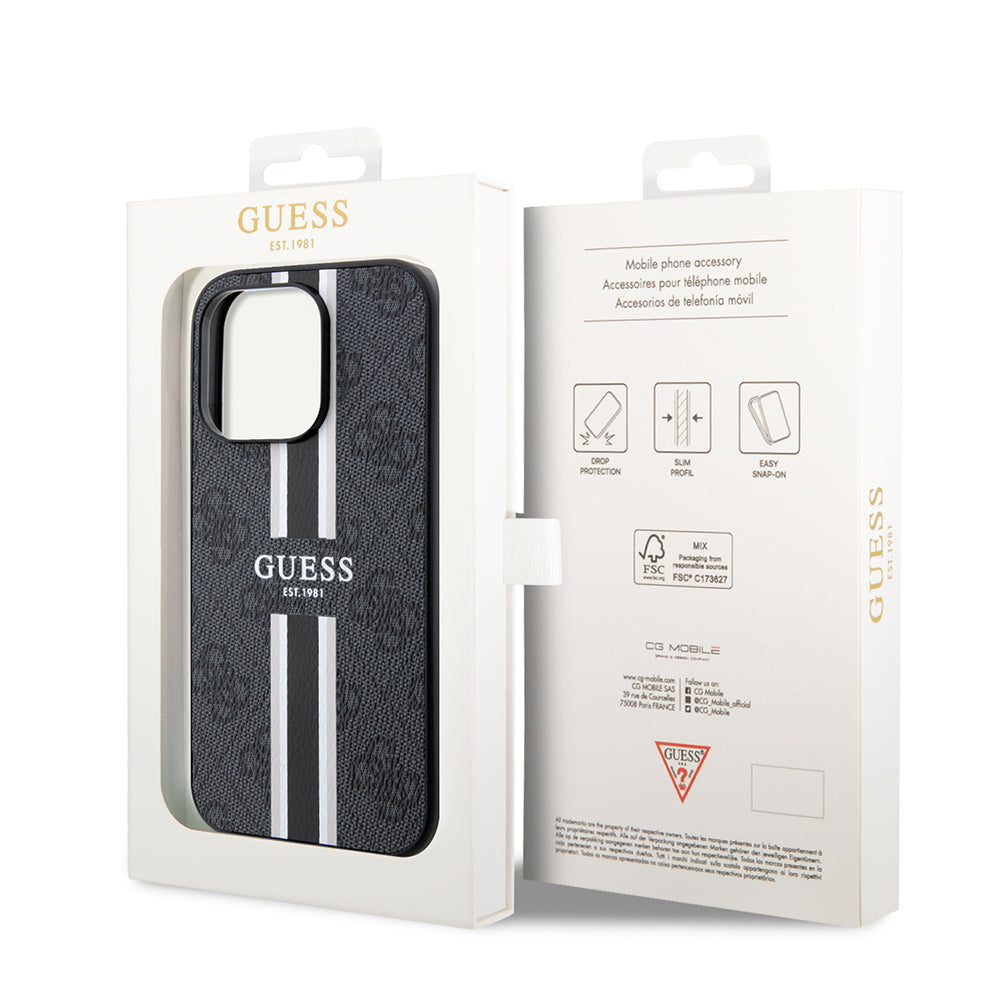 Husa MagSafe pentru Apple iPhone 15 Pro, Guess, 4G Printed Stripes, Neagra