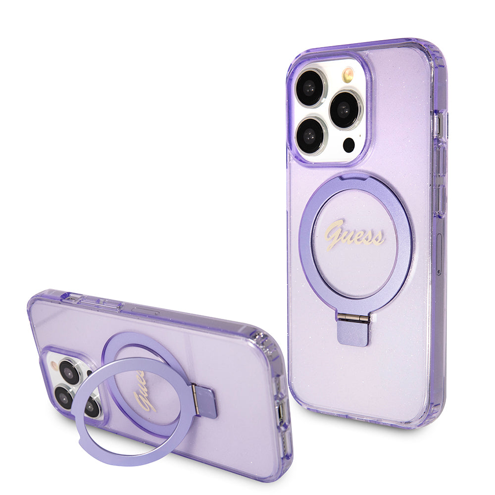 Husa MagSafe pentru Apple iPhone 15 Pro, Guess, IML Ring Stand Glitter, Mov