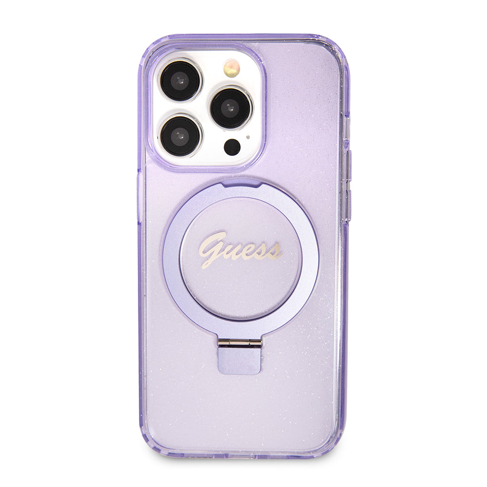 Husa MagSafe pentru Apple iPhone 15 Pro, Guess, IML Ring Stand Glitter, Mov