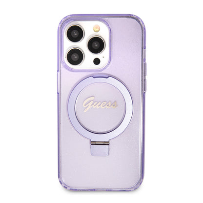 Husa MagSafe pentru Apple iPhone 15 Pro, Guess, IML Ring Stand Glitter, Mov