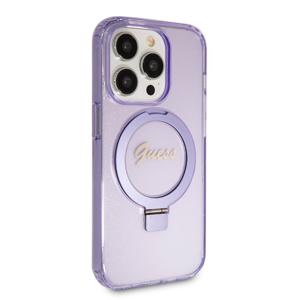 Husa MagSafe pentru Apple iPhone 15 Pro, Guess, IML Ring Stand Glitter, Mov