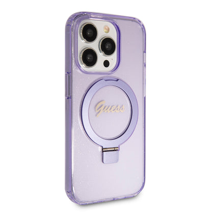 Husa MagSafe pentru Apple iPhone 15 Pro, Guess, IML Ring Stand Glitter, Mov