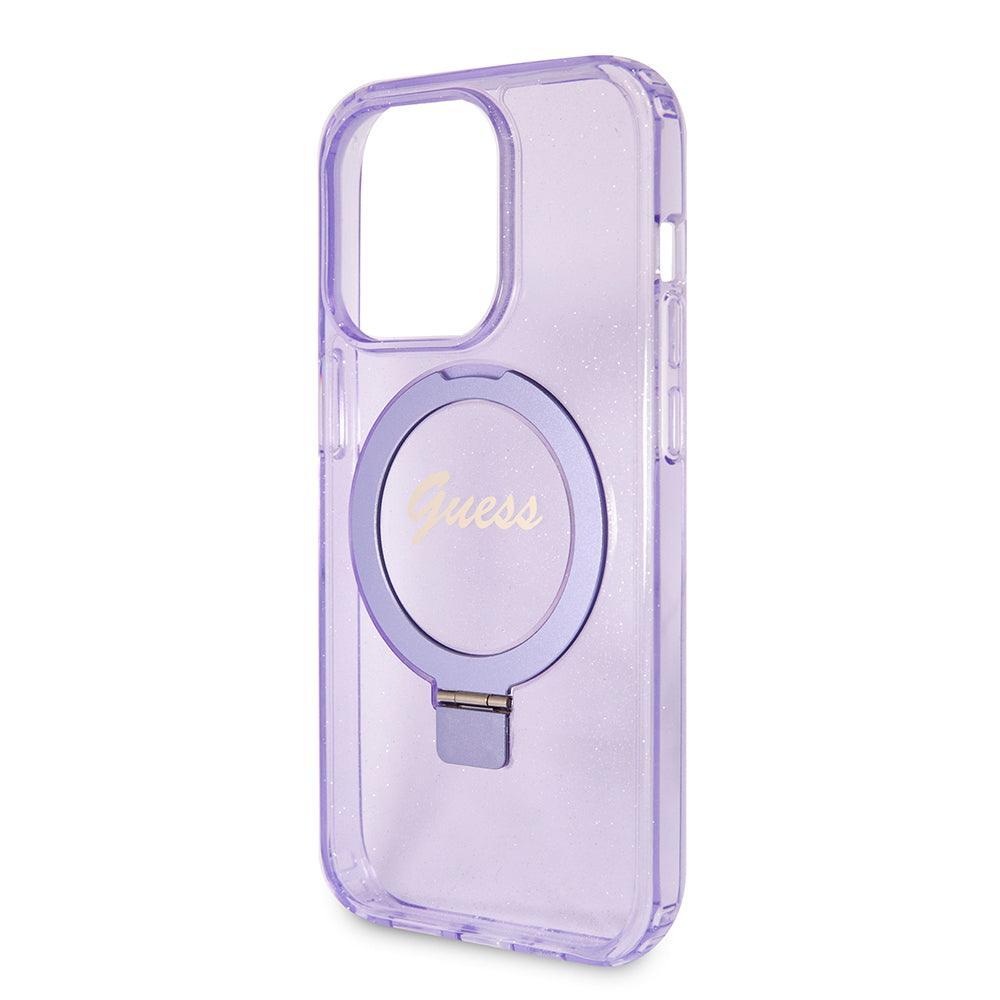 Husa MagSafe pentru Apple iPhone 15 Pro, Guess, IML Ring Stand Glitter, Mov