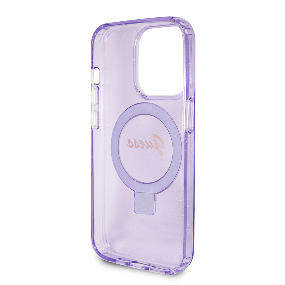 Husa MagSafe pentru Apple iPhone 15 Pro, Guess, IML Ring Stand Glitter, Mov