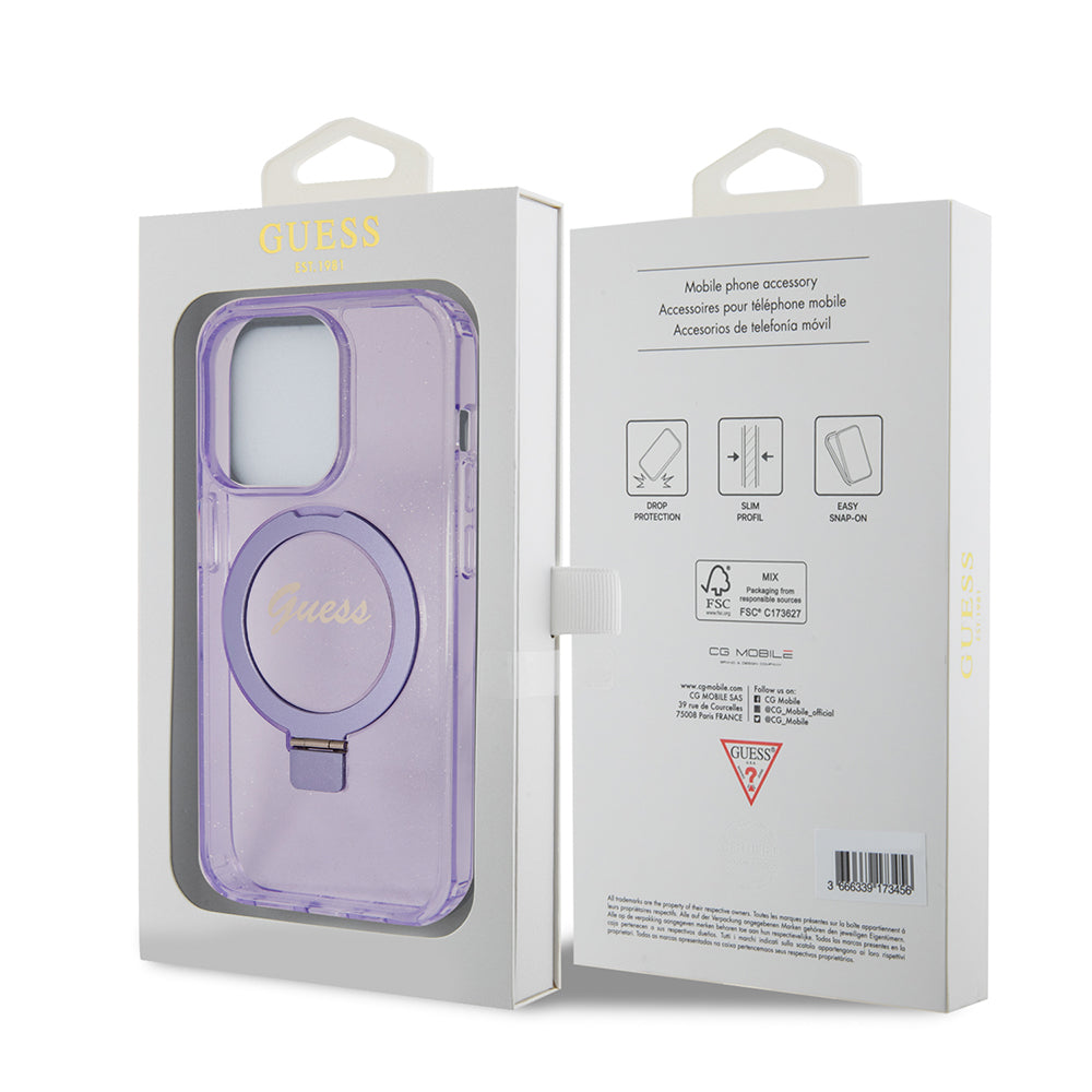 Husa MagSafe pentru Apple iPhone 15 Pro, Guess, IML Ring Stand Glitter, Mov
