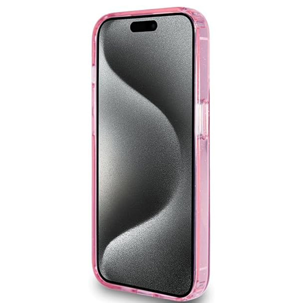 Husa MagSafe pentru Apple iPhone 15 Pro, Guess, IML Ring Stand Glitter, Roz