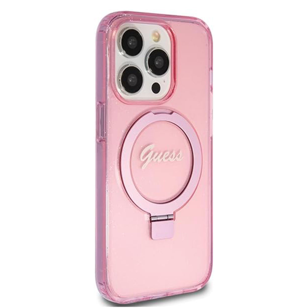 Husa MagSafe pentru Apple iPhone 15 Pro, Guess, IML Ring Stand Glitter, Roz