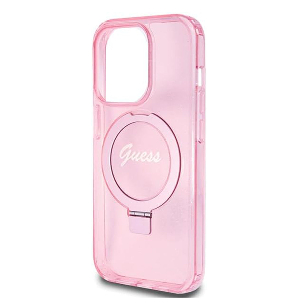Husa MagSafe pentru Apple iPhone 15 Pro, Guess, IML Ring Stand Glitter, Roz