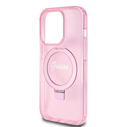 Husa MagSafe pentru Apple iPhone 15 Pro, Guess, IML Ring Stand Glitter, Roz
