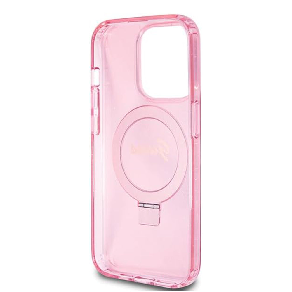 Husa MagSafe pentru Apple iPhone 15 Pro, Guess, IML Ring Stand Glitter, Roz