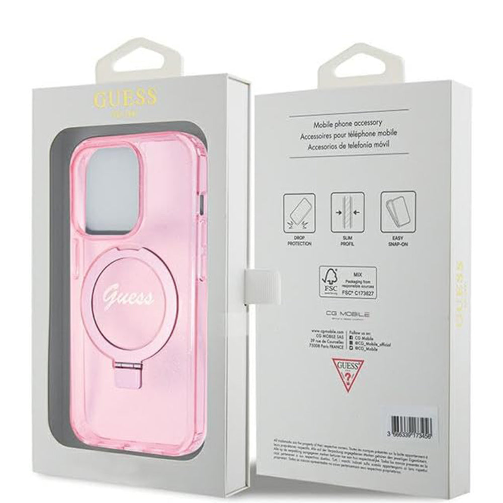 Husa MagSafe pentru Apple iPhone 15 Pro, Guess, IML Ring Stand Glitter, Roz