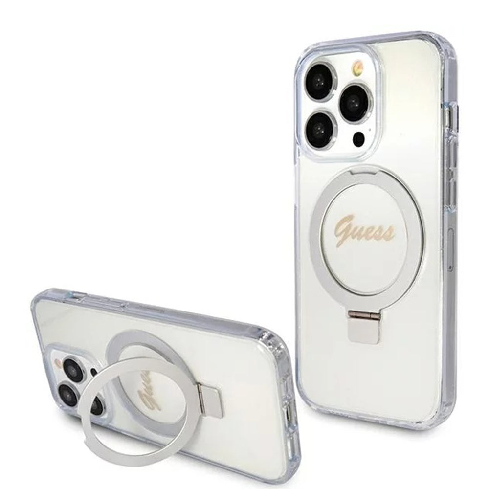 Husa MagSafe pentru Apple iPhone 15 Pro, Guess, IML Ring Stand Glitter, Transparenta