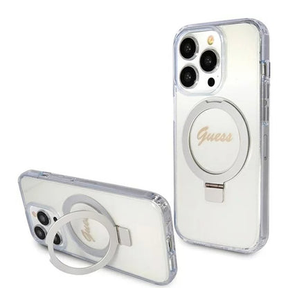 Husa MagSafe pentru Apple iPhone 15 Pro, Guess, IML Ring Stand Glitter, Transparenta