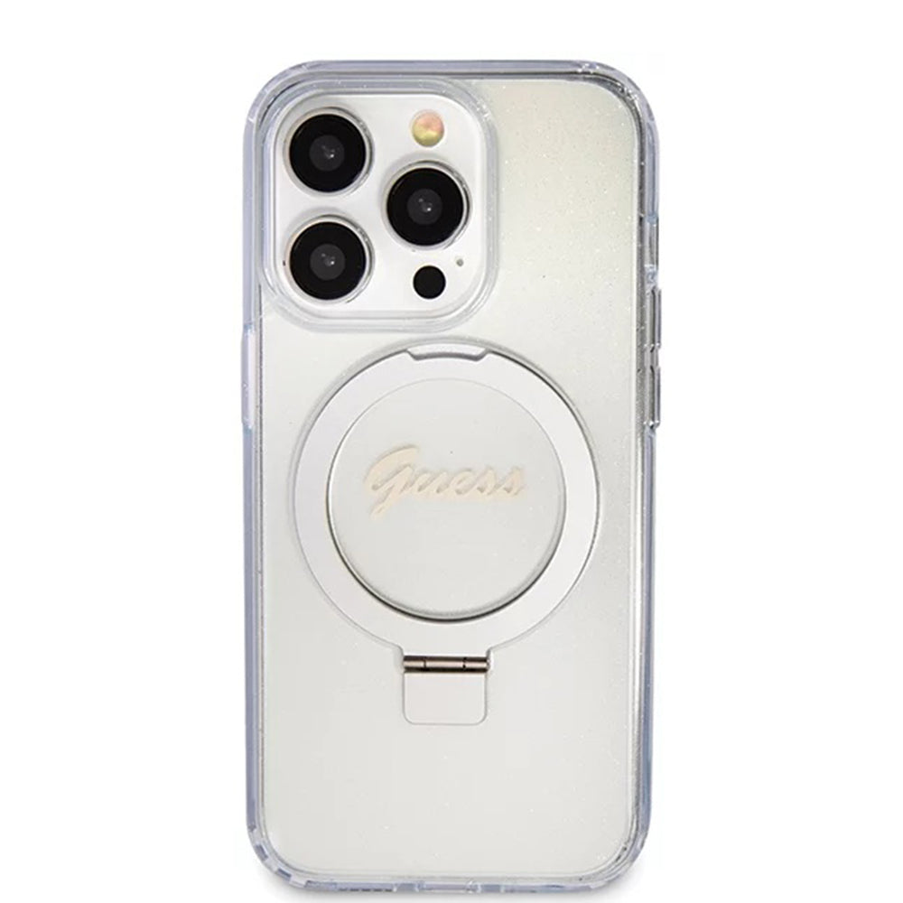 Husa MagSafe pentru Apple iPhone 15 Pro, Guess, IML Ring Stand Glitter, Transparenta