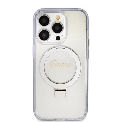 Husa MagSafe pentru Apple iPhone 15 Pro, Guess, IML Ring Stand Glitter, Transparenta