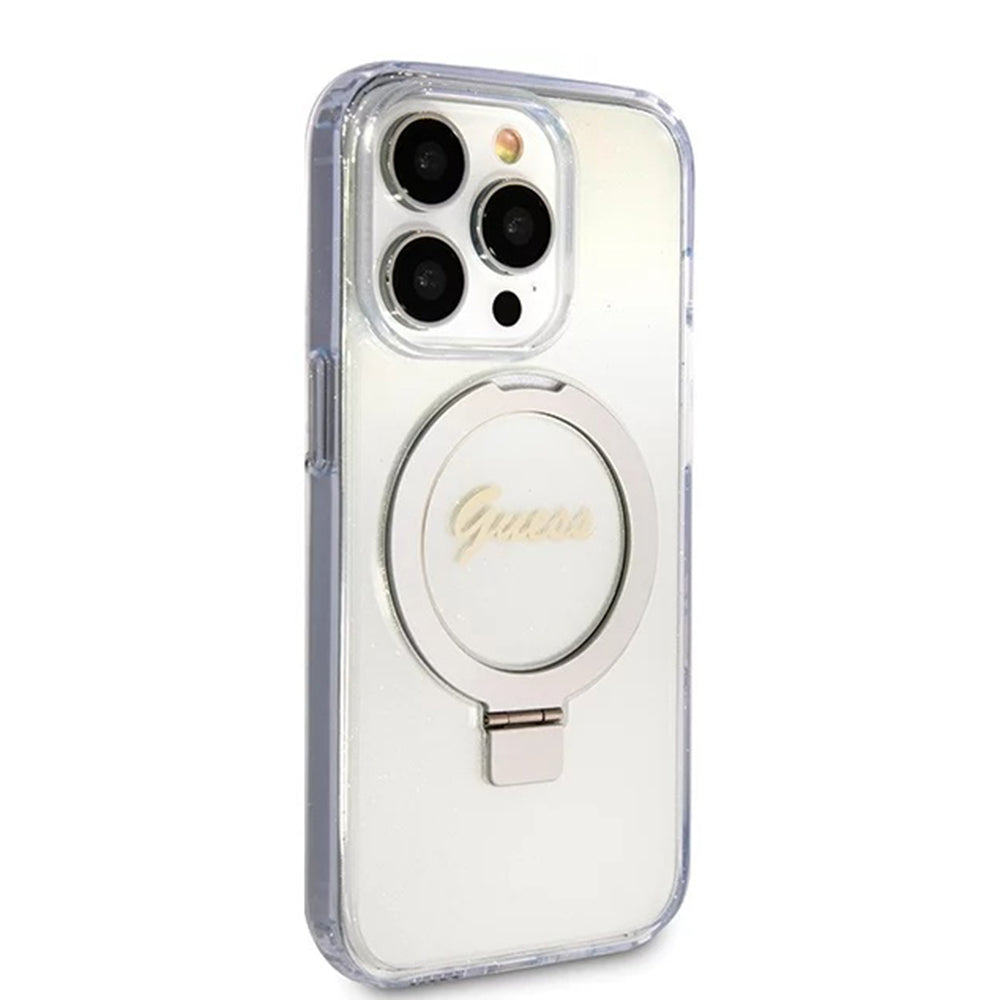 Husa MagSafe pentru Apple iPhone 15 Pro, Guess, IML Ring Stand Glitter, Transparenta