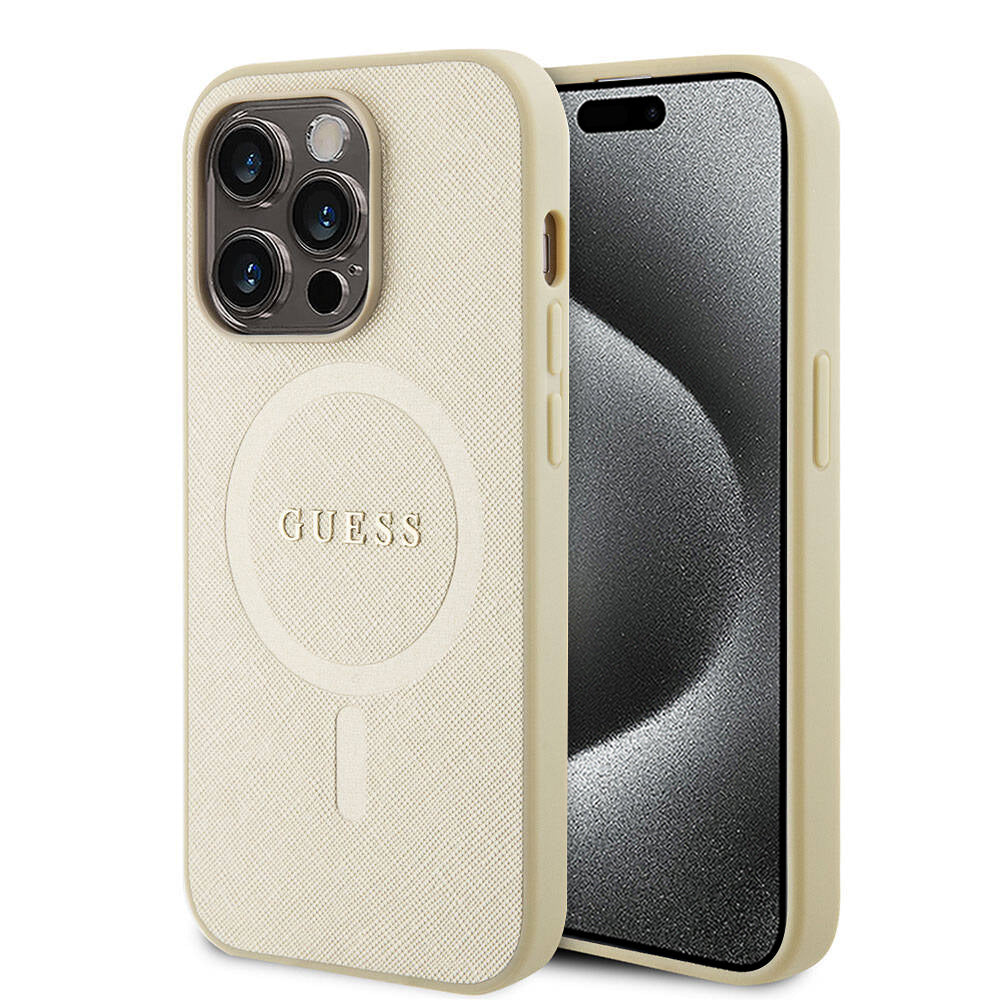 Husa MagSafe pentru Apple iPhone 15 Pro, Guess, Saffiano, Bej