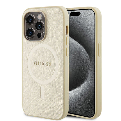 Husa MagSafe pentru Apple iPhone 15 Pro, Guess, Saffiano, Bej