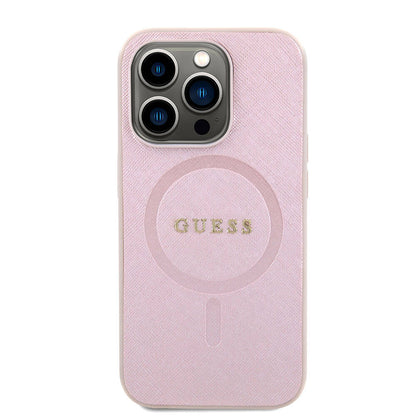 Husa MagSafe pentru Apple iPhone 15 Pro, Guess, Saffiano, Roz