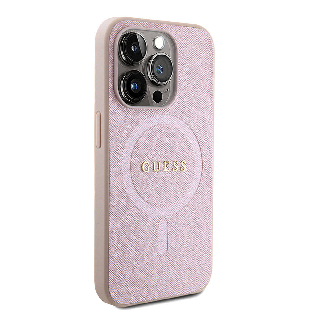 Husa MagSafe pentru Apple iPhone 15 Pro, Guess, Saffiano, Roz