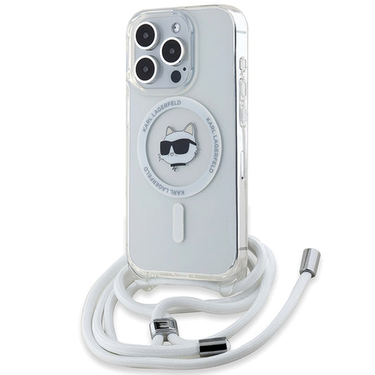 Husa MagSafe pentru Apple iPhone 15 Pro, Karl Lagerfeld, IML Crossbody Choupette's Head with Strap, Transparenta