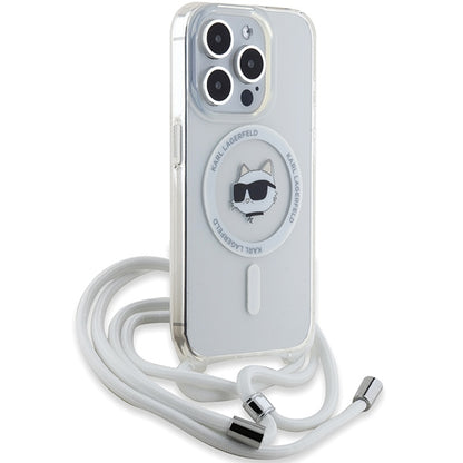 Husa MagSafe pentru Apple iPhone 15 Pro, Karl Lagerfeld, IML Crossbody Choupette's Head with Strap, Transparenta