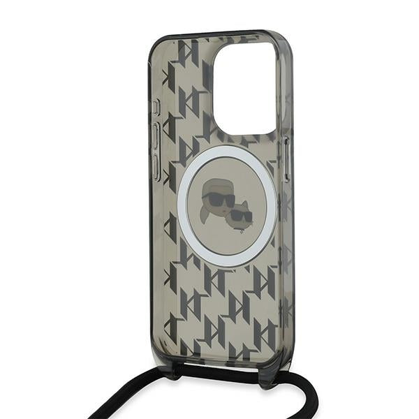 Husa MagSafe pentru Apple iPhone 15 Pro, Karl Lagerfeld, IML Crossbody Monogram Karl & Choupette's Heads, Neagra
