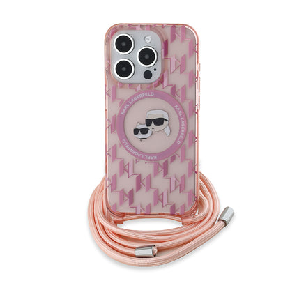 Husa MagSafe pentru Apple iPhone 15 Pro, Karl Lagerfeld, IML Crossbody Monogram Karl & Choupette's Heads, Roz