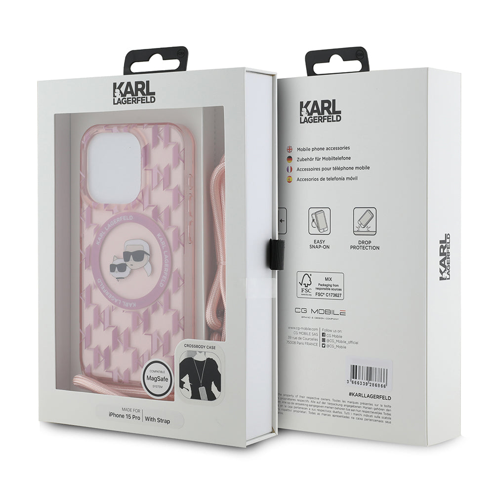 Husa MagSafe pentru Apple iPhone 15 Pro, Karl Lagerfeld, IML Crossbody Monogram Karl & Choupette's Heads, Roz